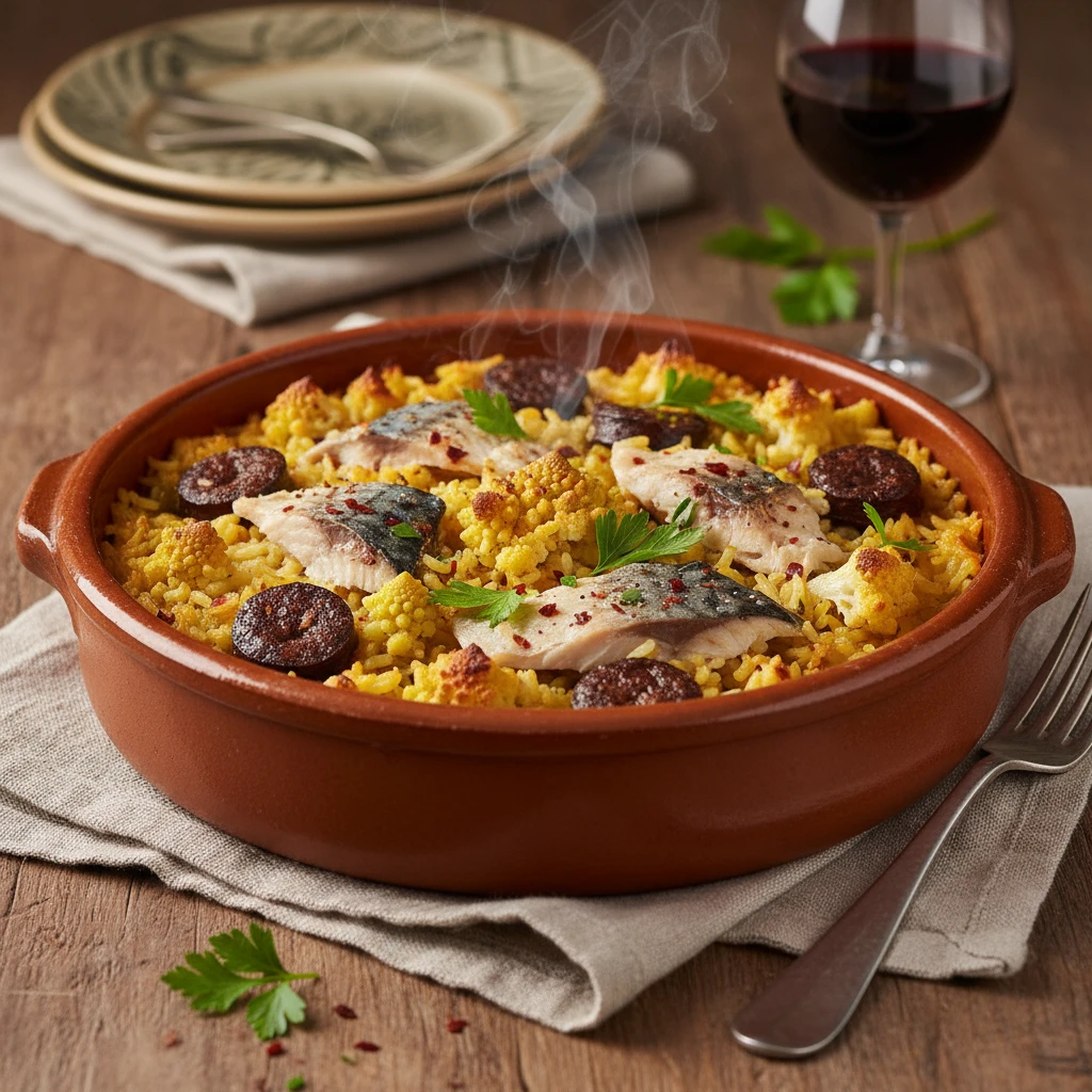 Arroz al horno con caballa y coliflor