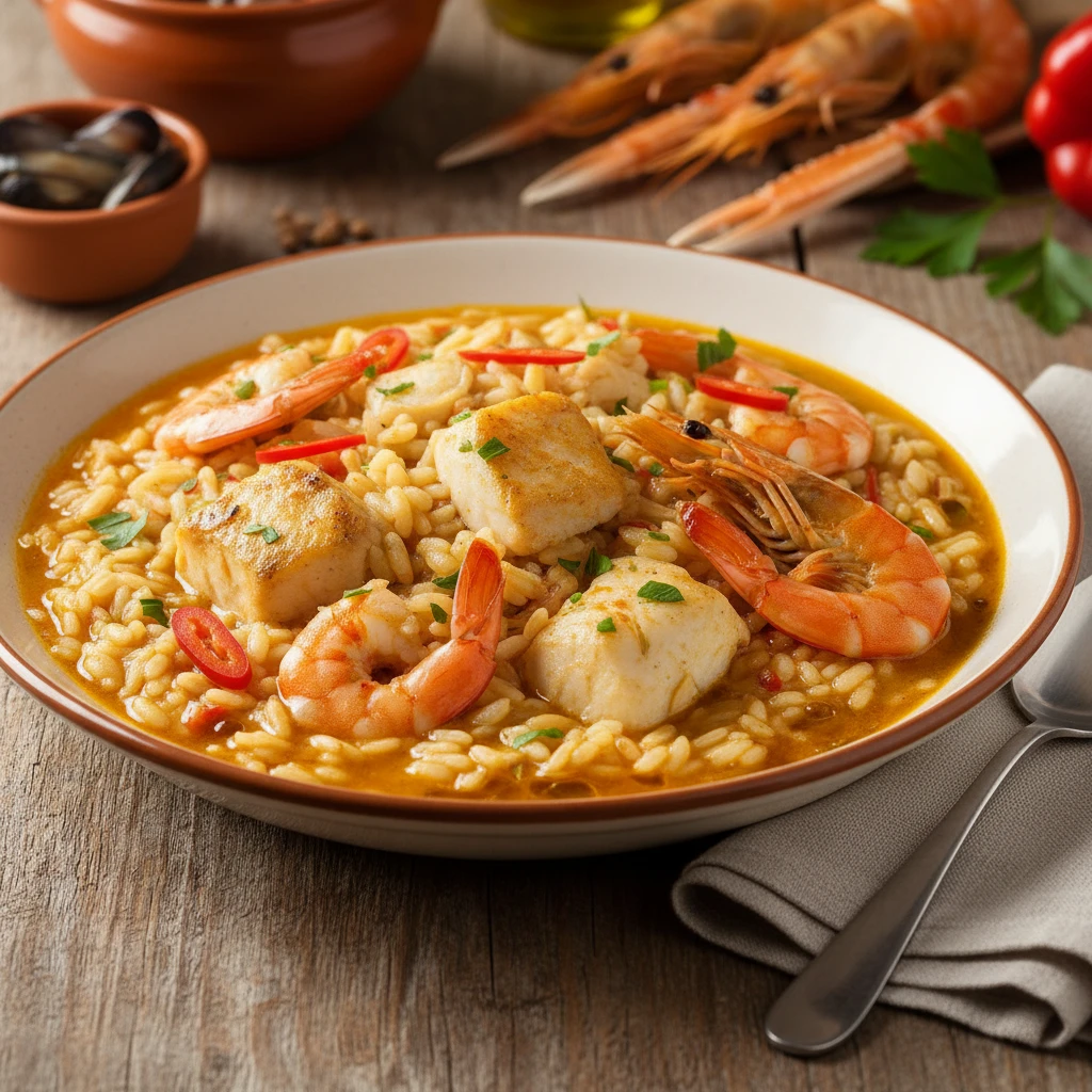 Arroz caldoso con rape y gambas