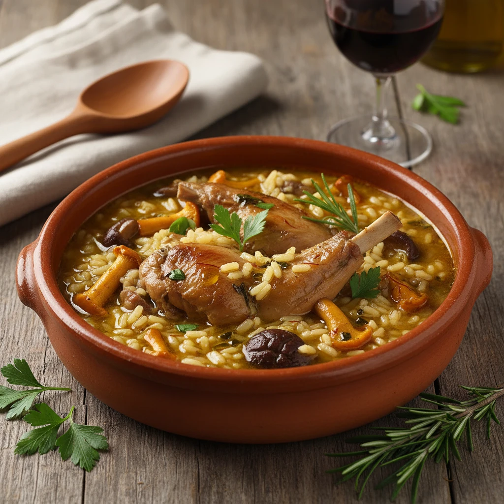 Arroz caldoso con setas y conejo