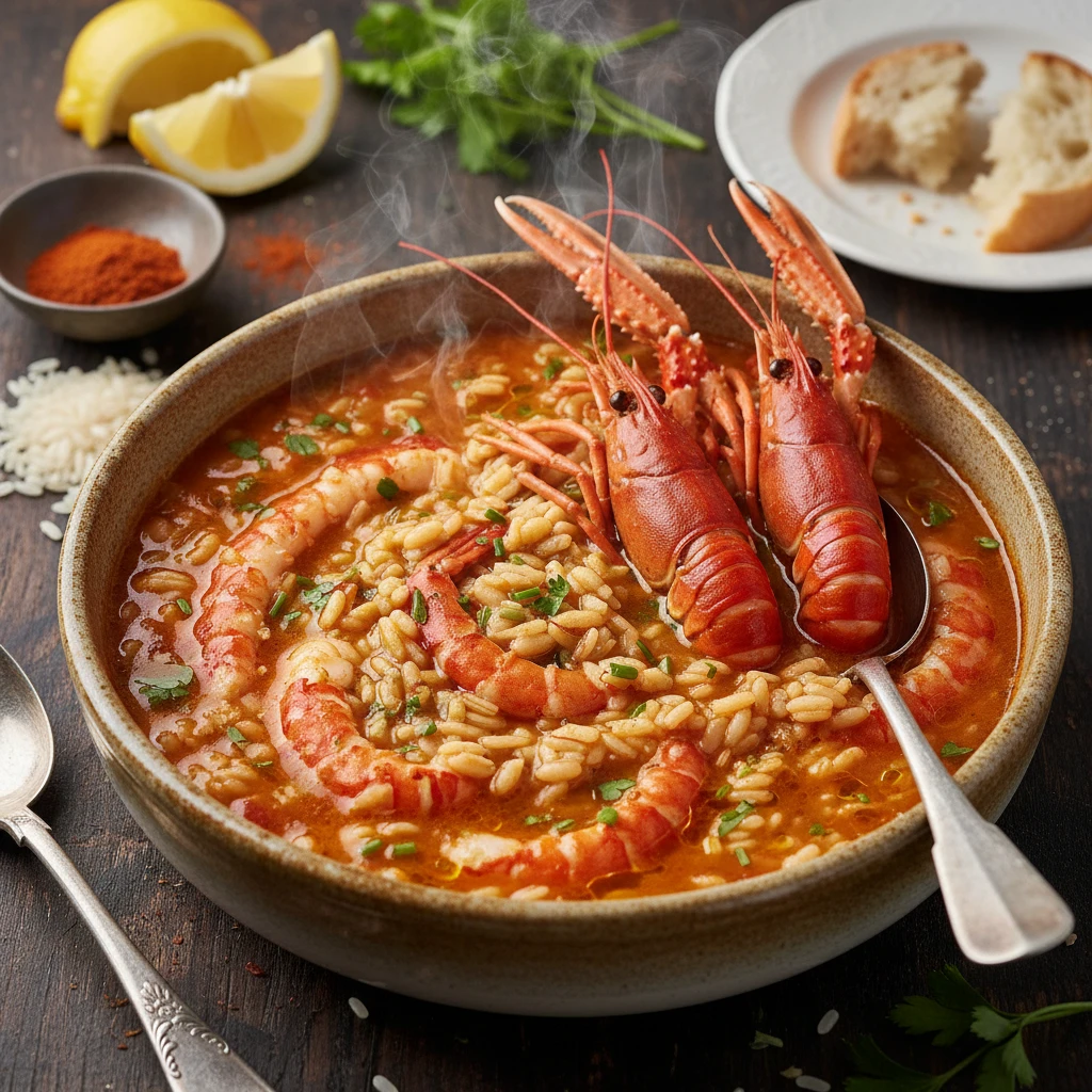 Arroz caldoso de cigalas, rape y setas