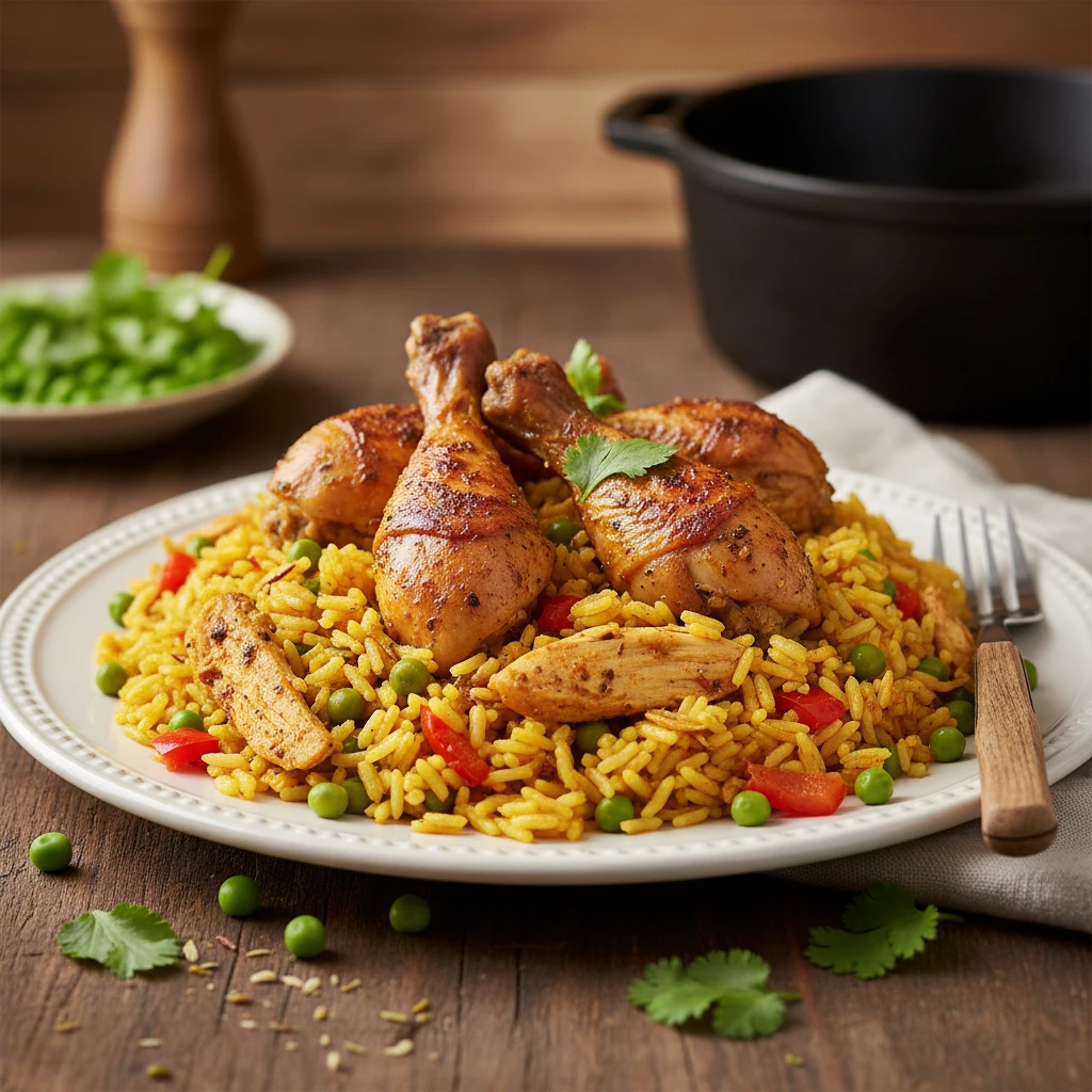 Arroz con pollo y guisantes