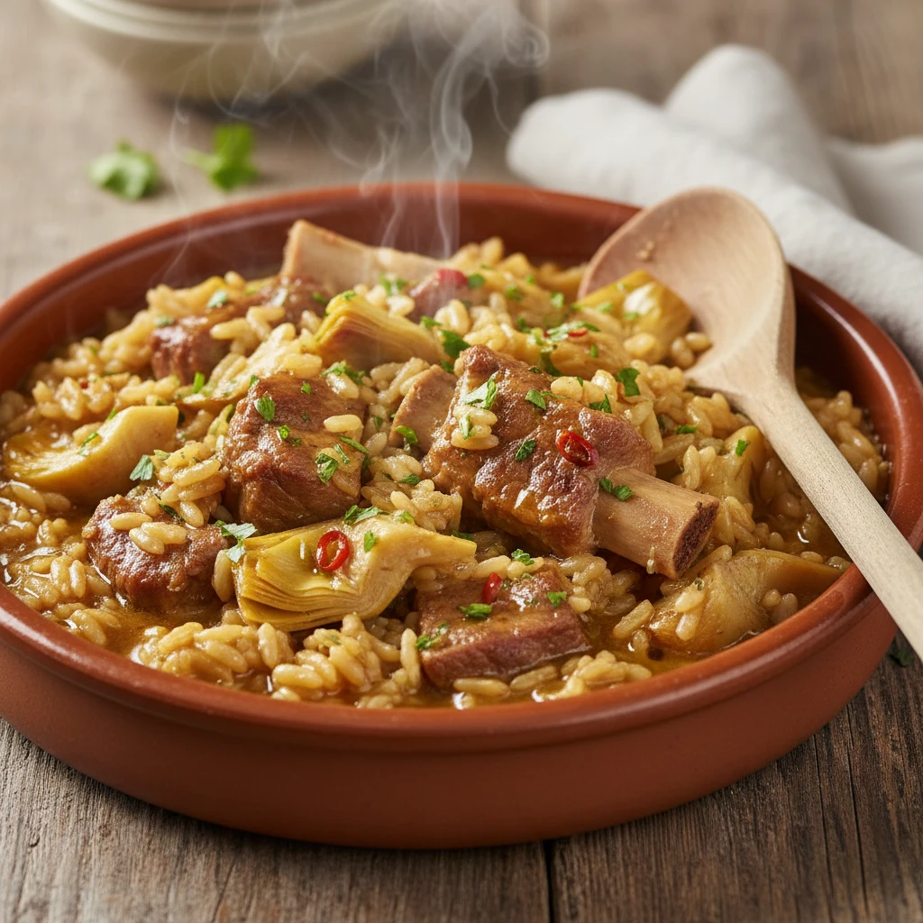 Arroz meloso con alcachofas y costillas