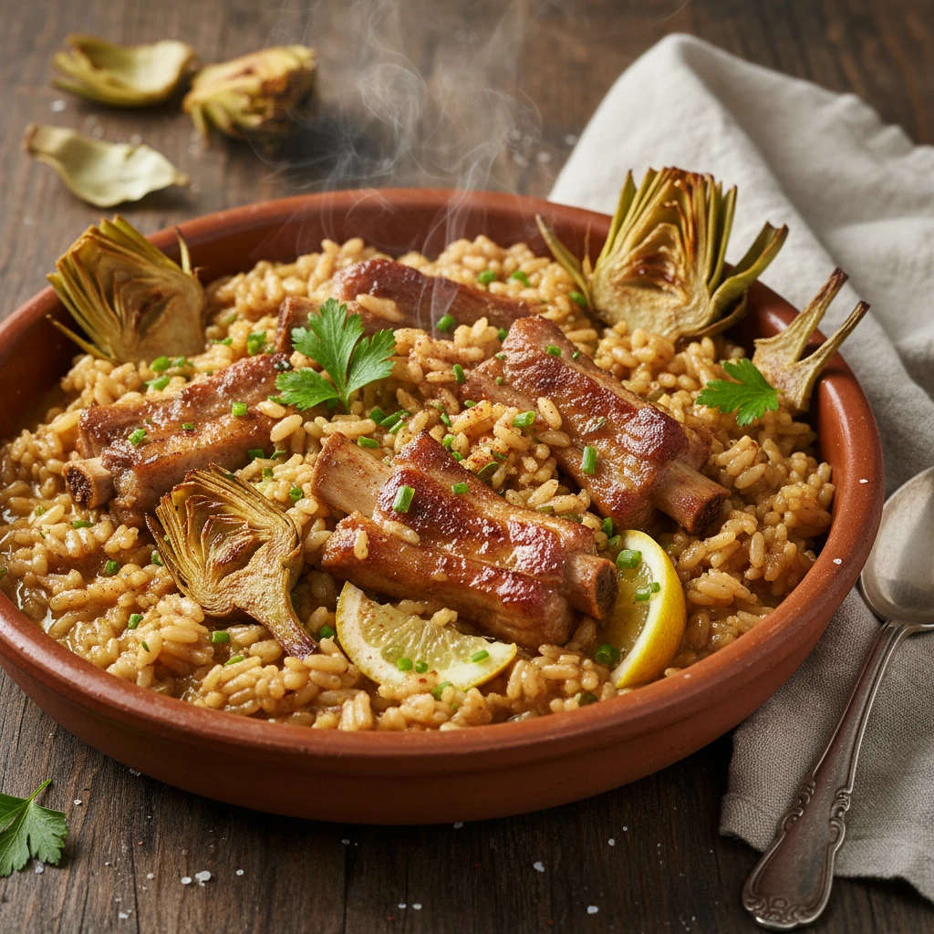 Arroz meloso con alcachofas y costillas
