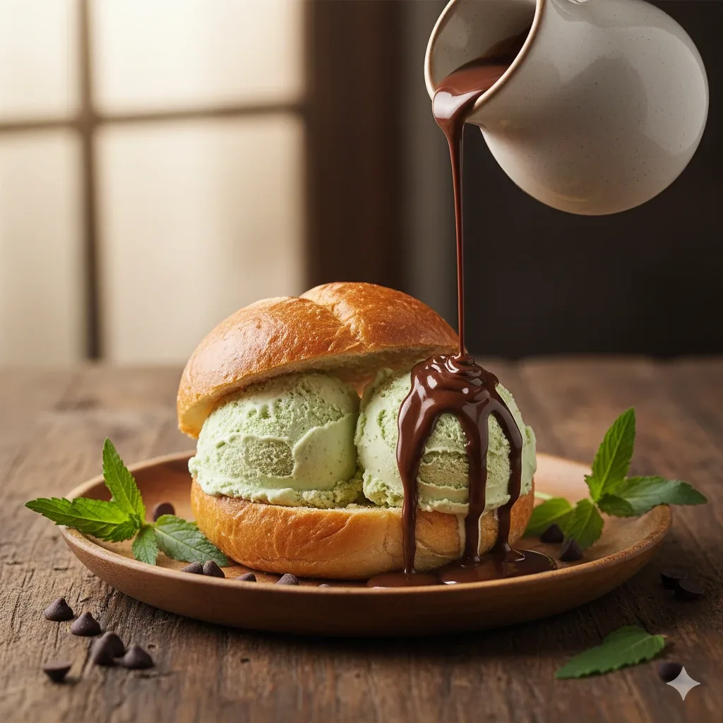 Brioche con helado de hierba Luisa y chocolate caliente