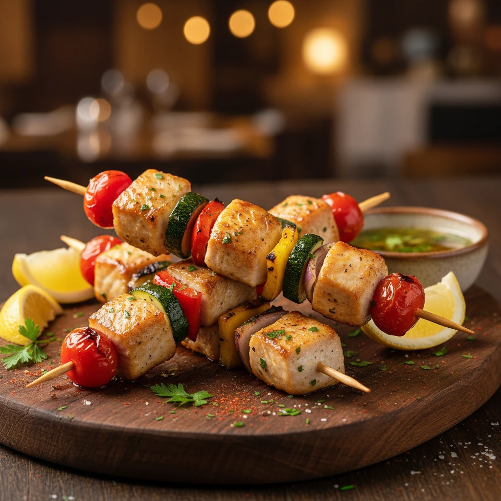 Brochetas de dorada con verduras