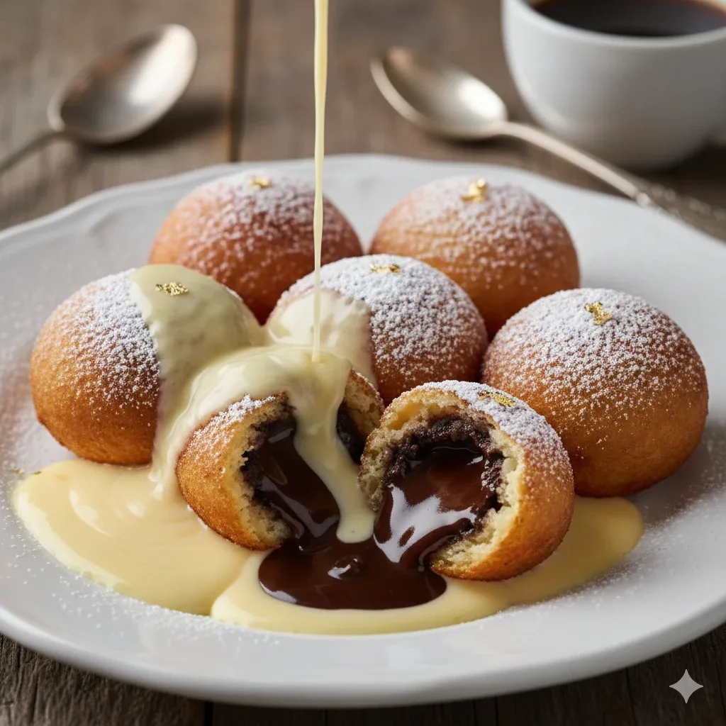 Buñuelos rellenos de trufa caliente con crema inglesa