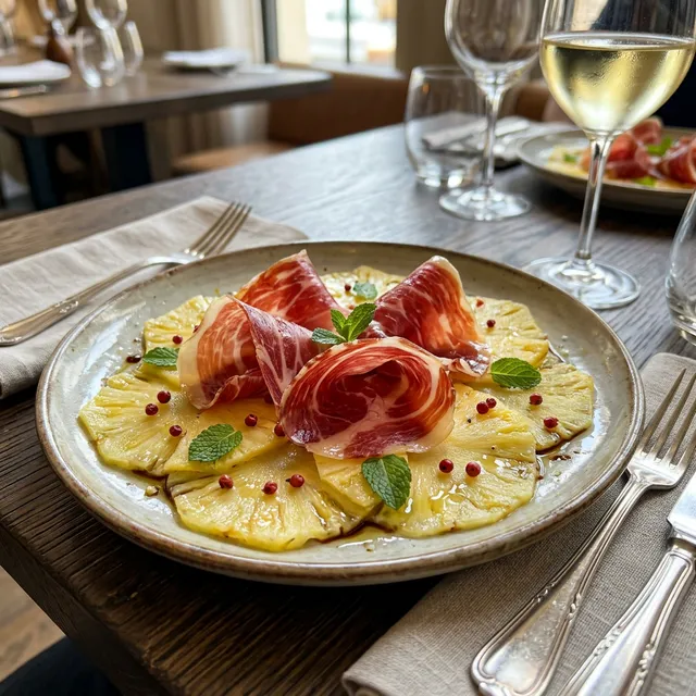 Carpaccio de piña con jamón