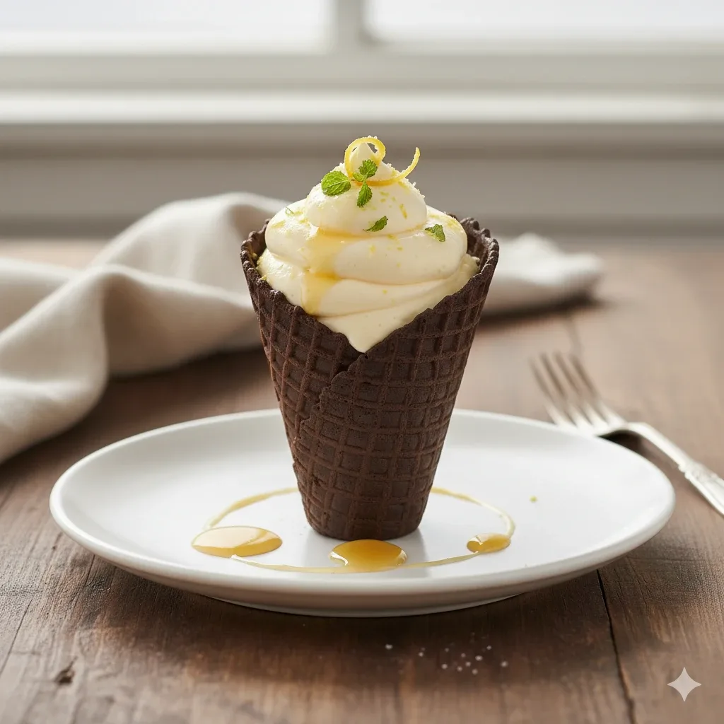 Cornete al cacao relleno de mousse de limón