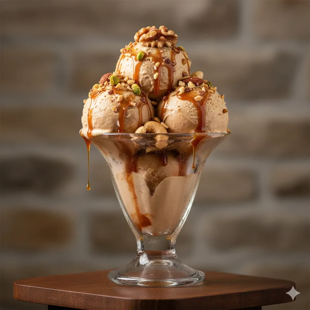 Crema helada de dulce de leche al caramelo y frutos secos