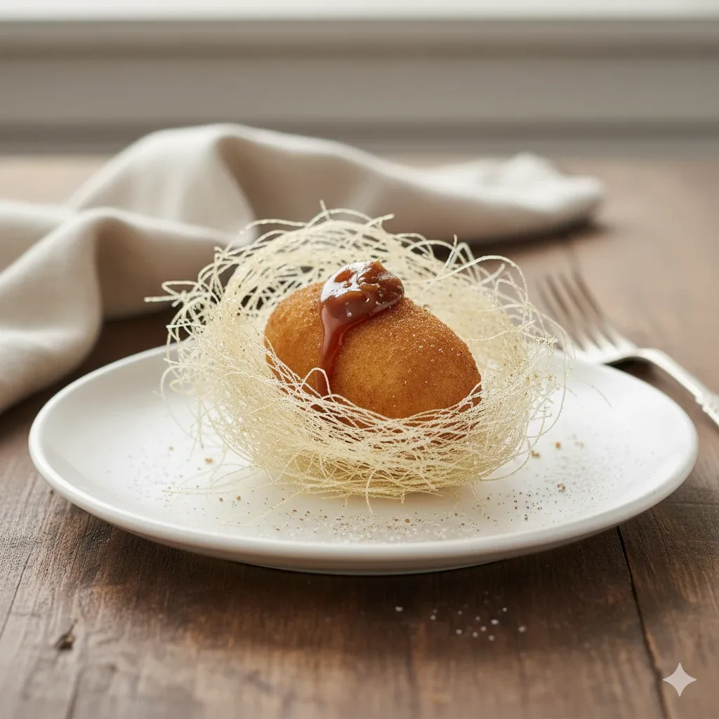 Croquetas de arroz con leche en nido de azúcar hilado