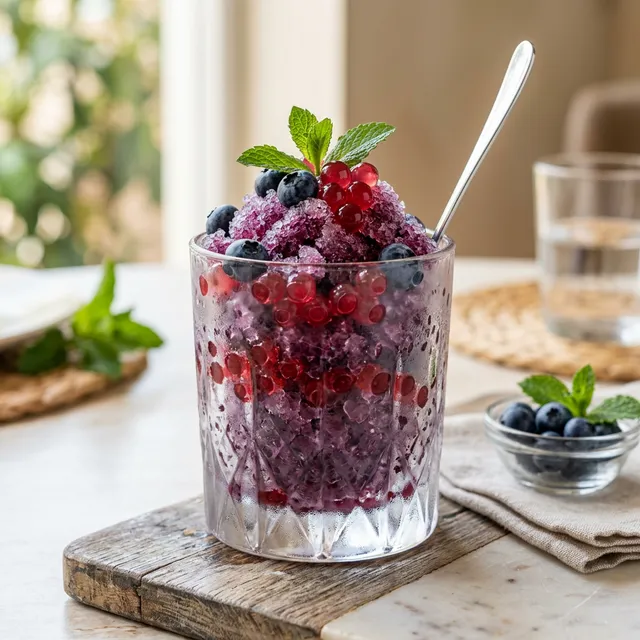 Granizado de arándanos con perlas de gelatina de té rojo