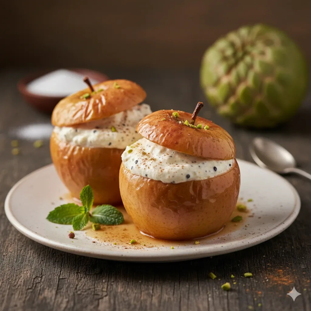 Manzanas asadas rellenas de mousse de chirimoyas