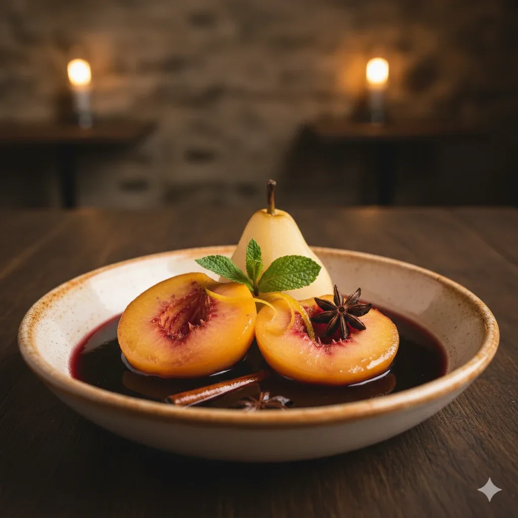 Melocotones y peras al vino tinto de Laujar de Andarax