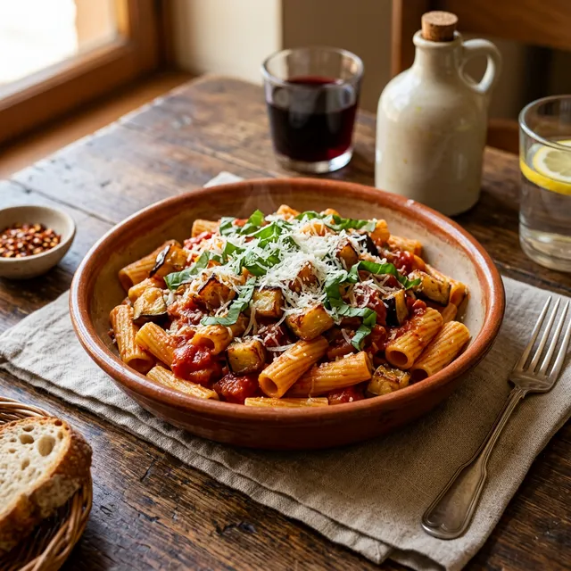 Pasta con berenjenas y tomate