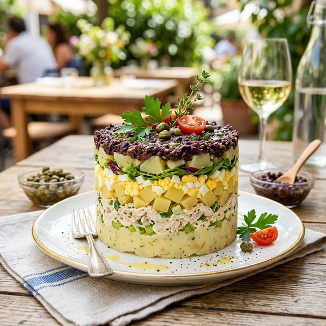 Pastel de patatas y ensalada de pollo