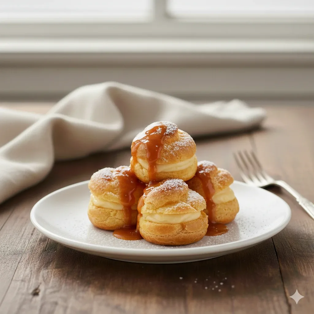 Petit choux de crema de talvinas al caramelo