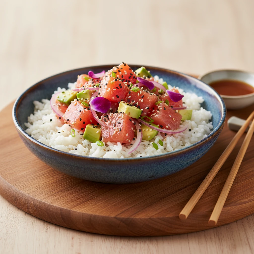 Poke bowl de trucha con arroz jazmín