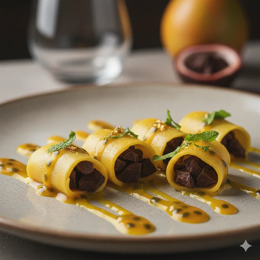 Raviolis de mango rellenos de rocas de chocolate