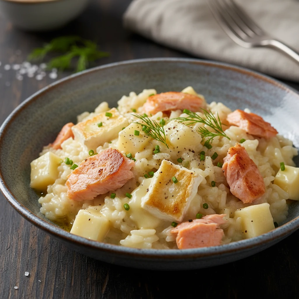 Risotto de salmón y queso camembert