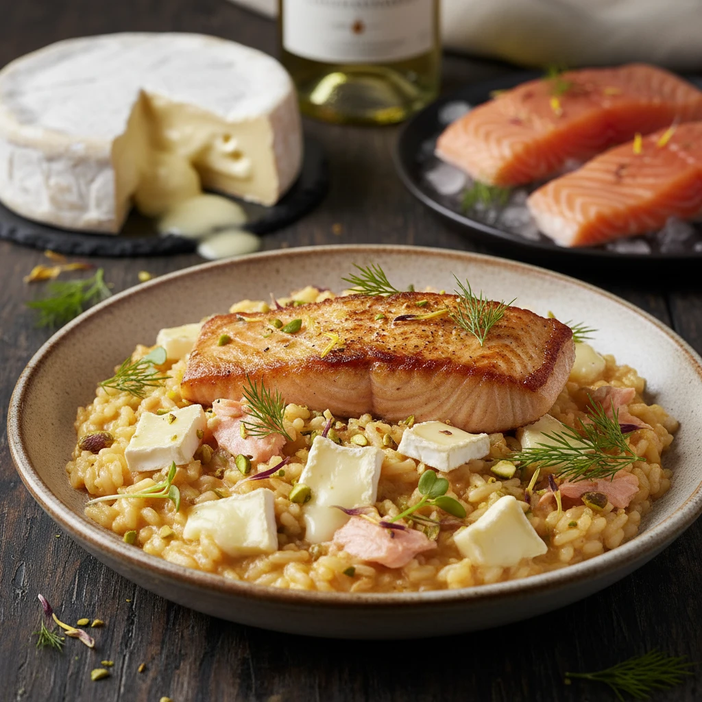Risotto de salmón y queso camembert