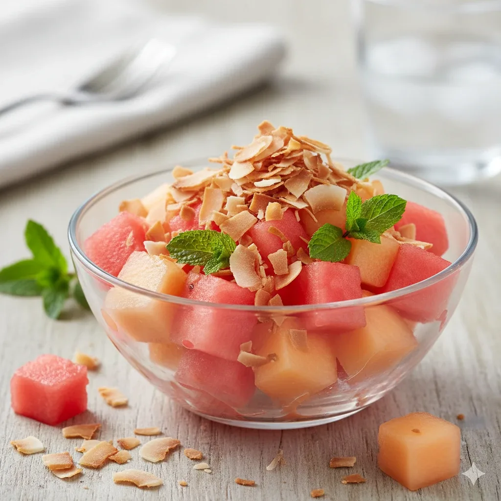 Sandía y melón cantaloup con crujiente de coco