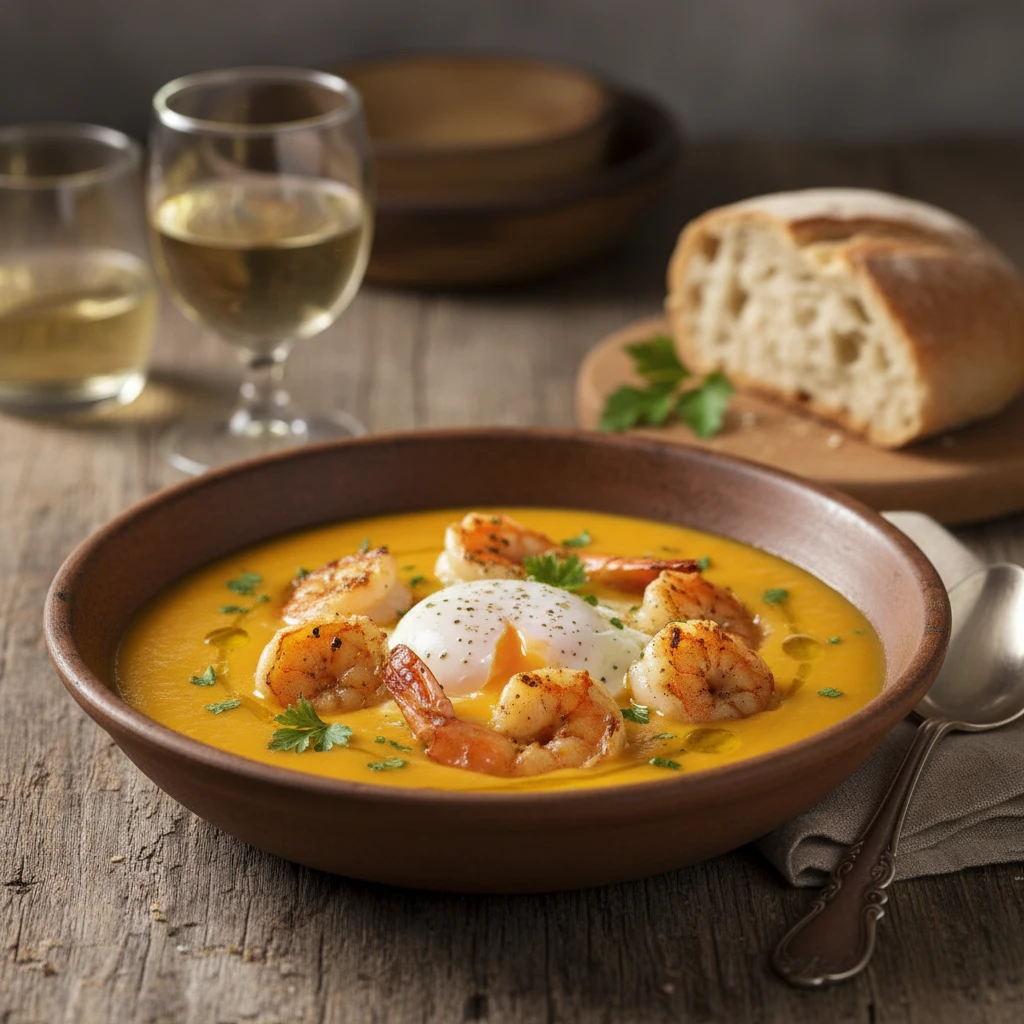 Sopa de calabaza con langostinos a la plancha y huevo escalfado