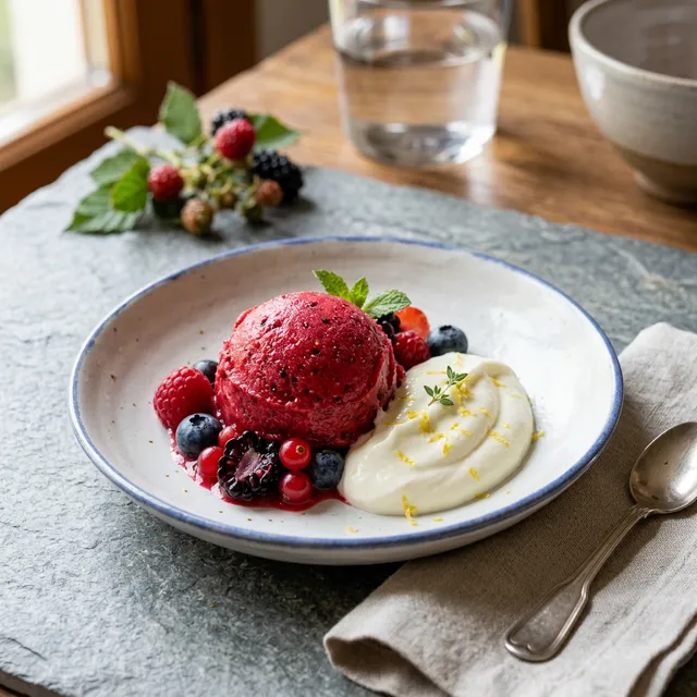 Sorbete de frutas rojas con crema de queso fresco de Serón