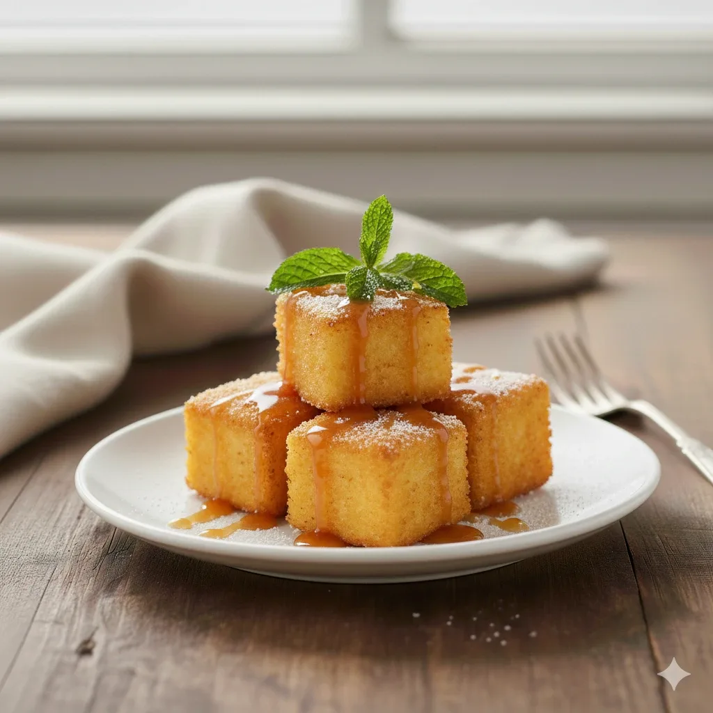 Taquitos de leche frita con hojitas de menta caramelizada