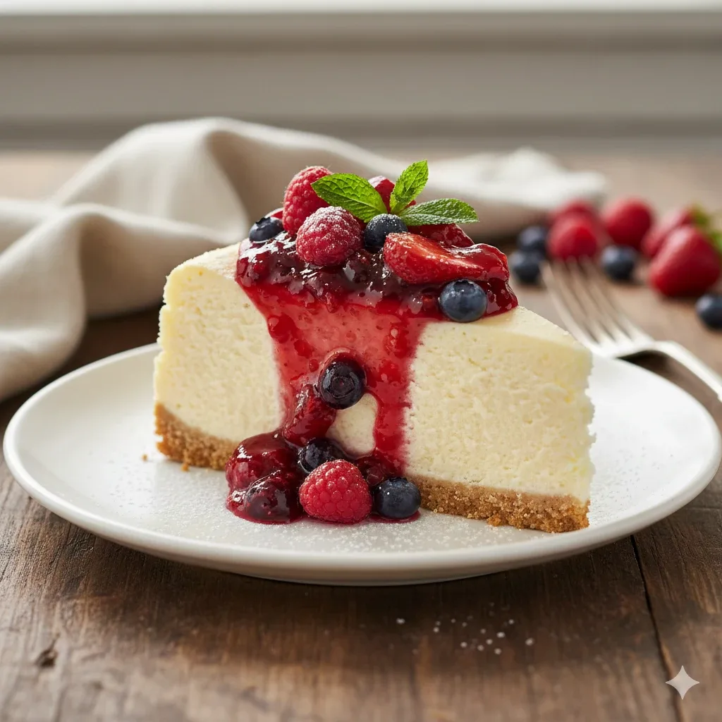 Tarta de queso con mermelada de frutos rojos