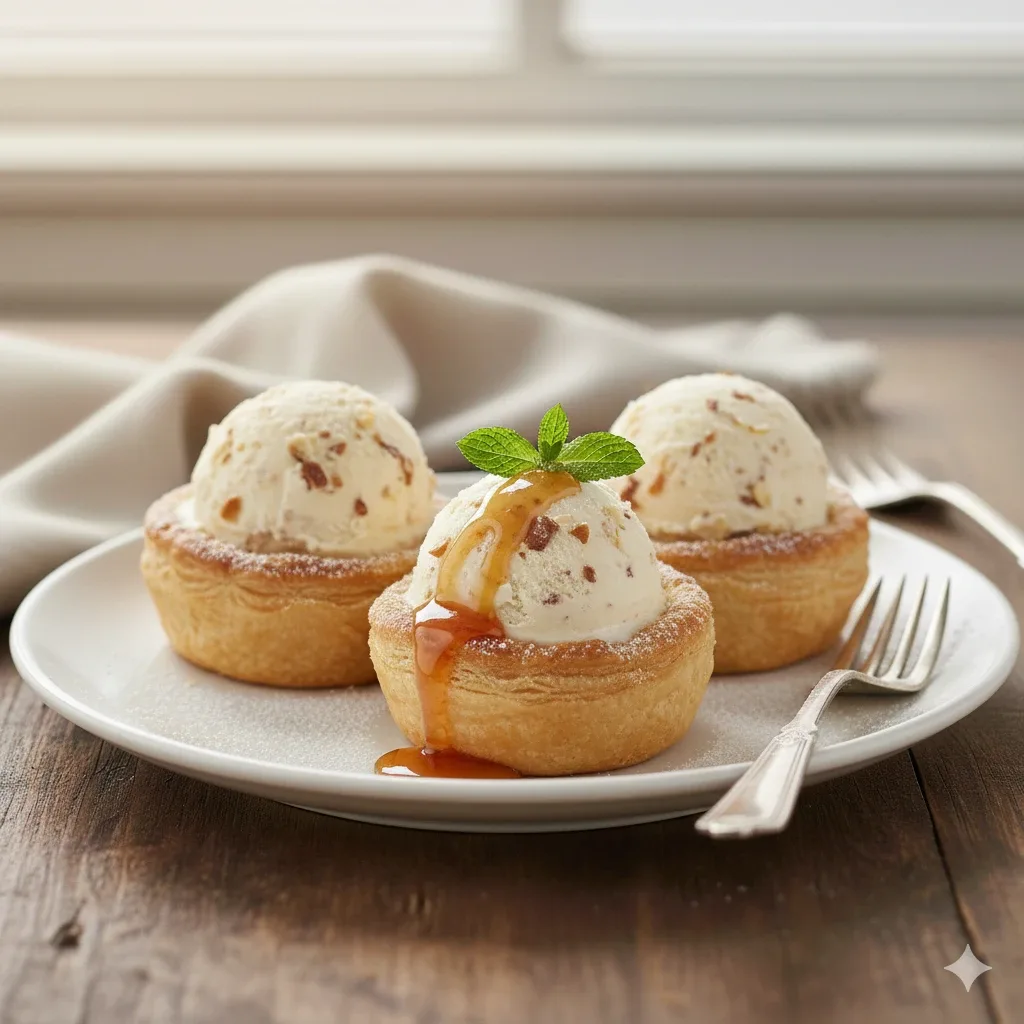Tartaletas hojaldradas rellenas de helado de turrón