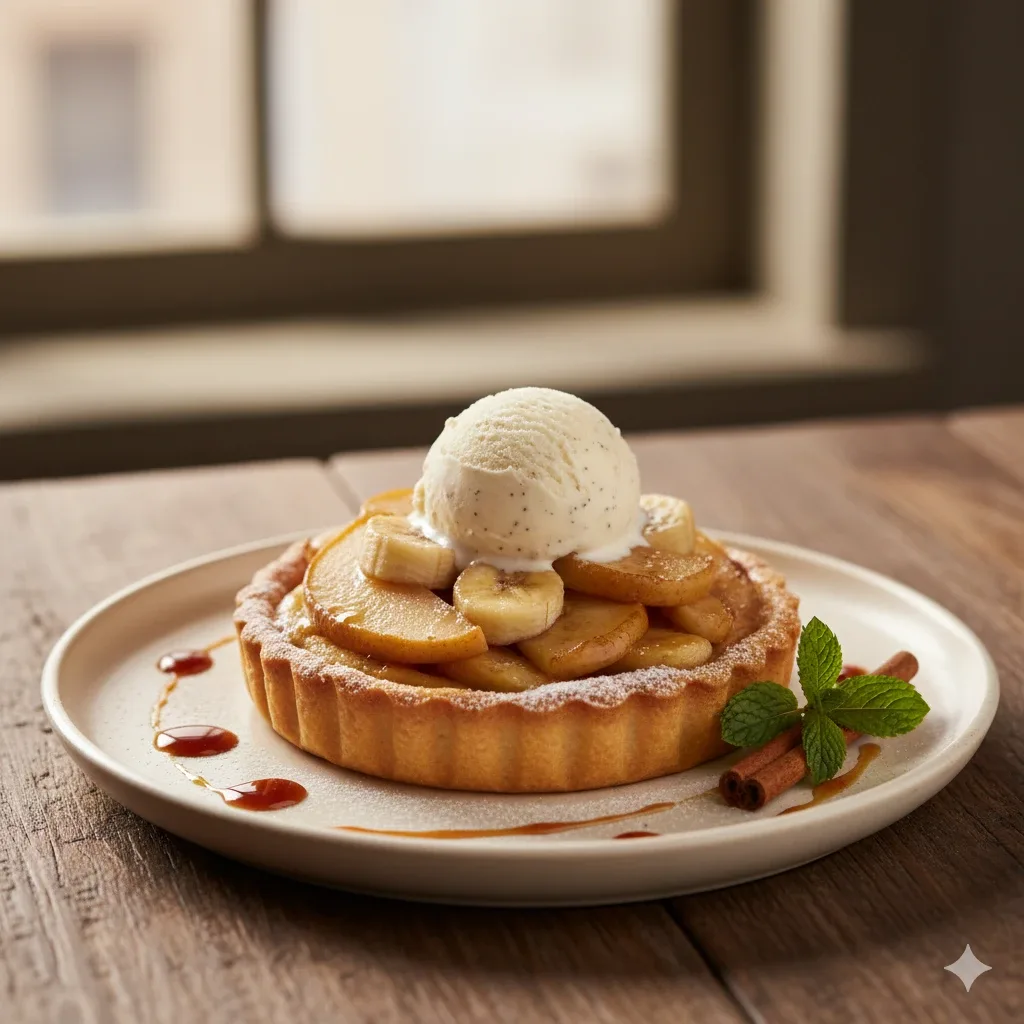 Tartita templada de pera y plátano