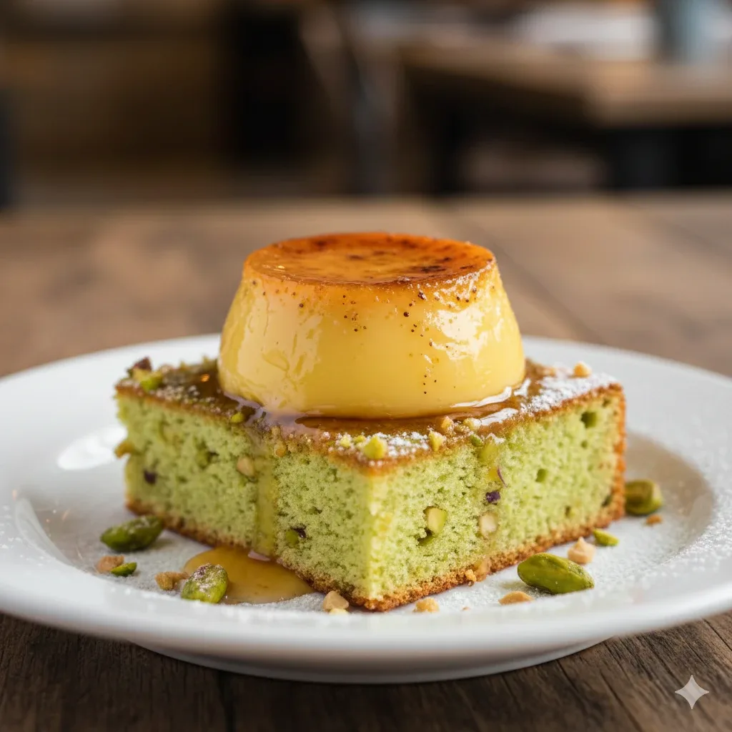 Tocino de cielo sobre bizcocho de pistachos