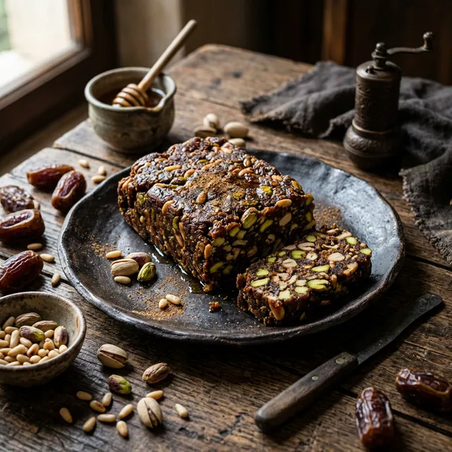 Turrón andalusí de dátiles, pistachos y piñones